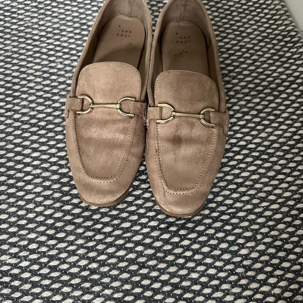 Tan loafers with suede material slip-on style and flat sole